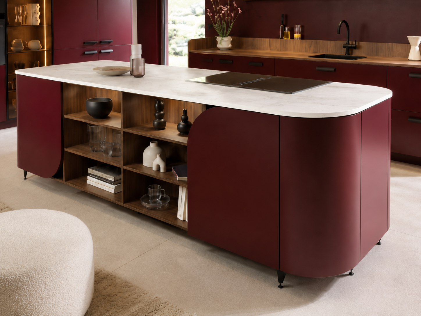 Oxblood island bespoke kitchen London with pale stone and warm shelving — Dominus Kitchens — Oxblood — Dominus Kitchens Bespoke Kitchens London | Dominus Kitchens London