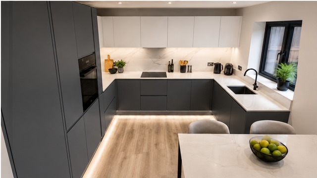 Bespoke handleless kitchen in graphite grey with marble island — Dominus Kitchens