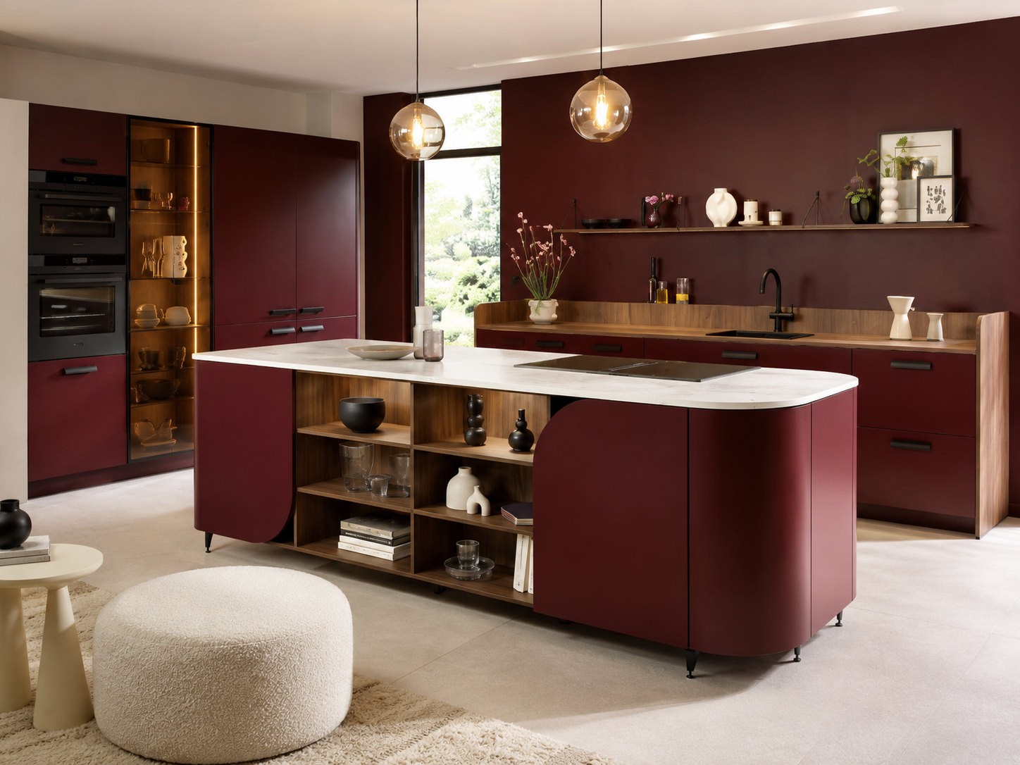 Oxblood island bespoke kitchen London with pale stone and warm shelving — Dominus Kitchens