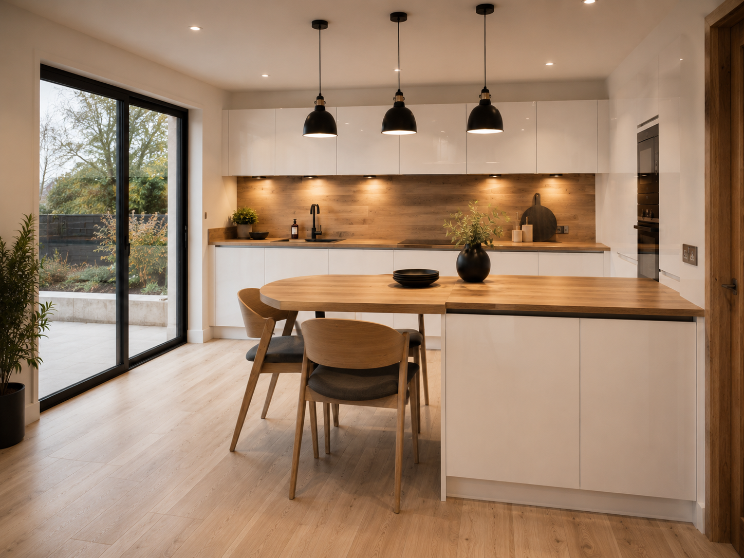 Bright oak dining kitchen London with garden doors — Dominus Kitchens — Warm Oak — Dominus Kitchens Bespoke Kitchens London | Dominus Kitchens London