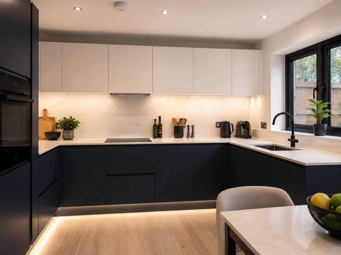 Second angle of matte navy handleless bespoke kitchen — Dominus Kitchens