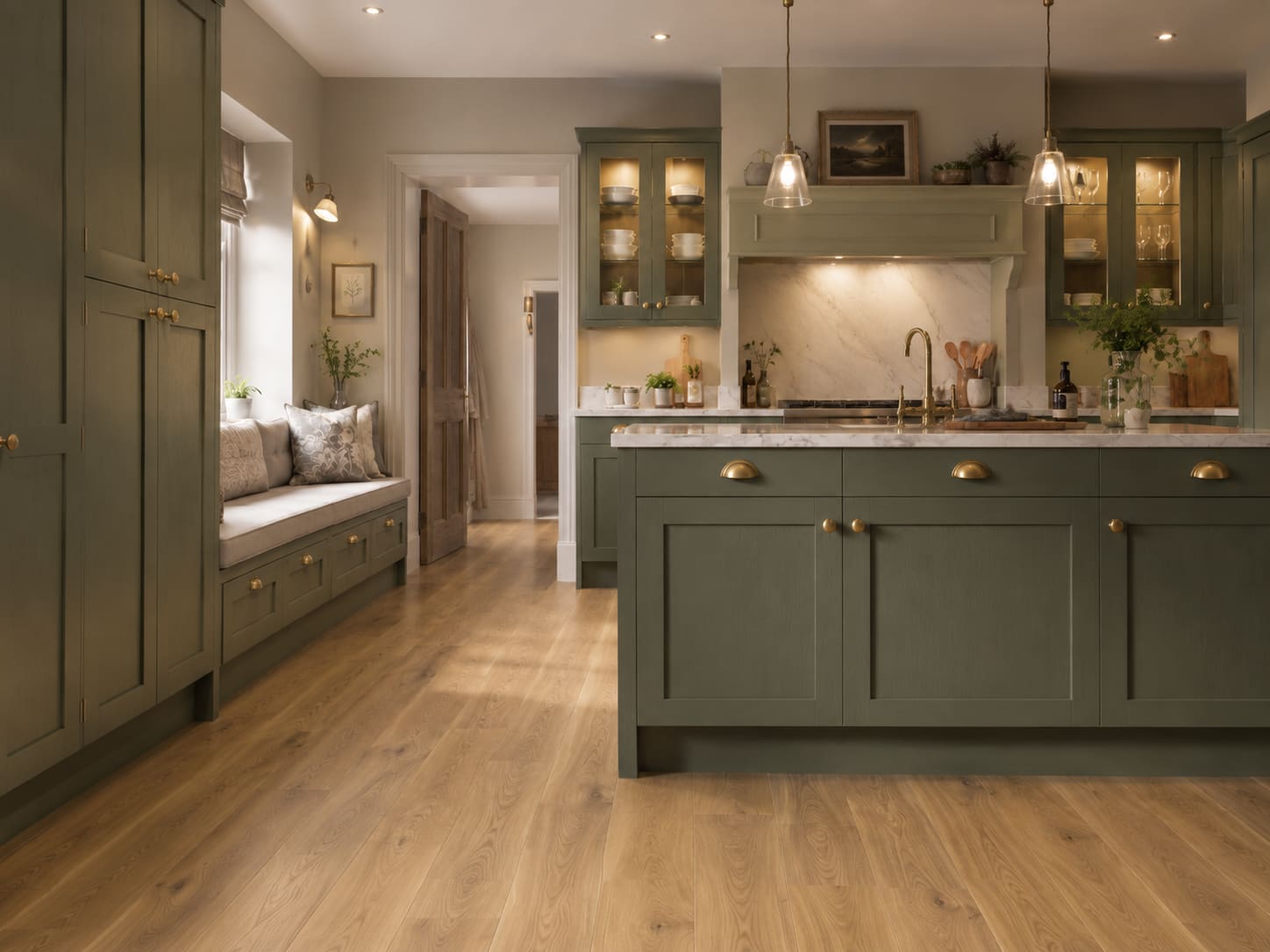 Second angle of the olive bespoke kitchen showing island joinery and window seat — Dominus Kitchens