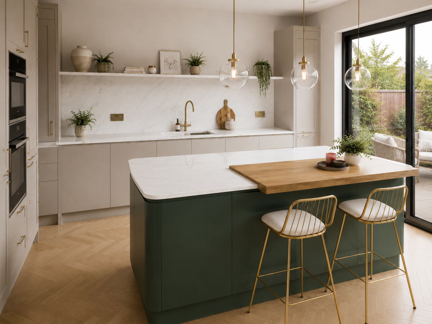 Sage-toned sculpted island kitchen London with pale stone — Dominus Kitchens — Sculpted Sage — Dominus Kitchens Bespoke Kitchens London | Dominus Kitchens London