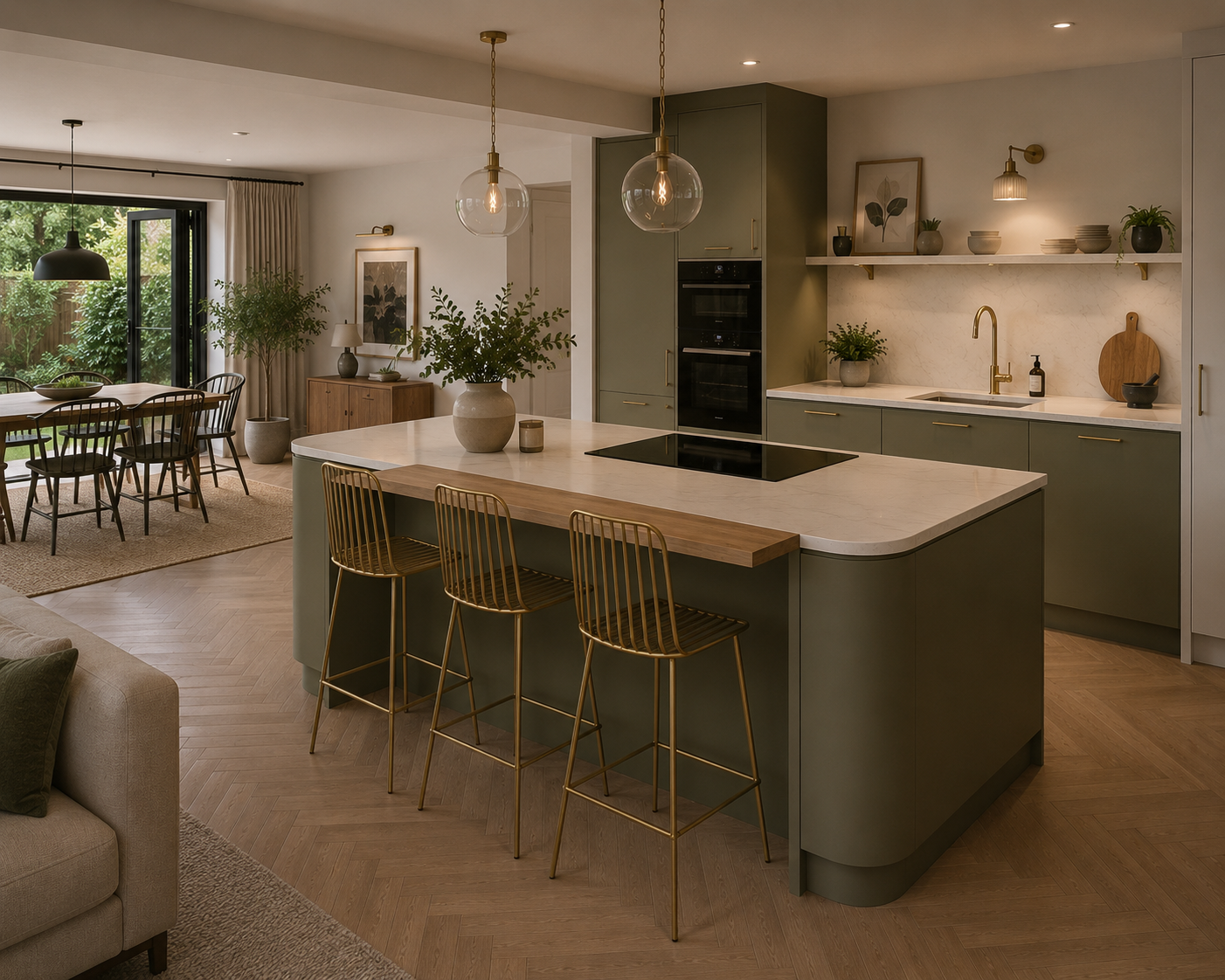 Timber-line bespoke kitchen in olive with warm oak joinery — Dominus Kitchens