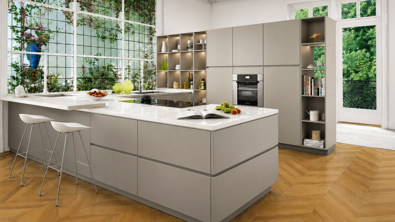 Warm stone grey handleless orangery kitchen with white marble worktop and herringbone oak floor — Dominus Kitchens