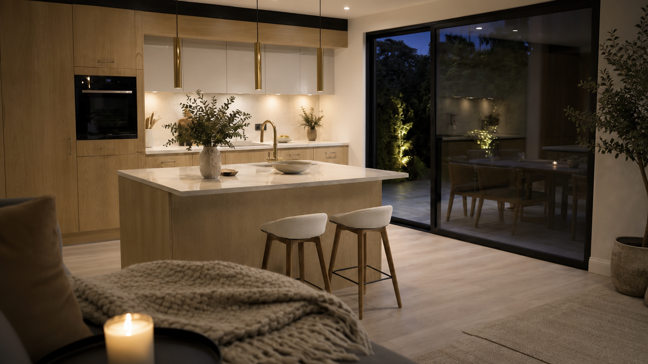 Warm oak bespoke kitchen London with marble island, brass pendants and evening garden glazing — Dominus Kitchens — Natural Oak — Dominus Kitchens Bespoke Kitchens London | Dominus Kitchens London