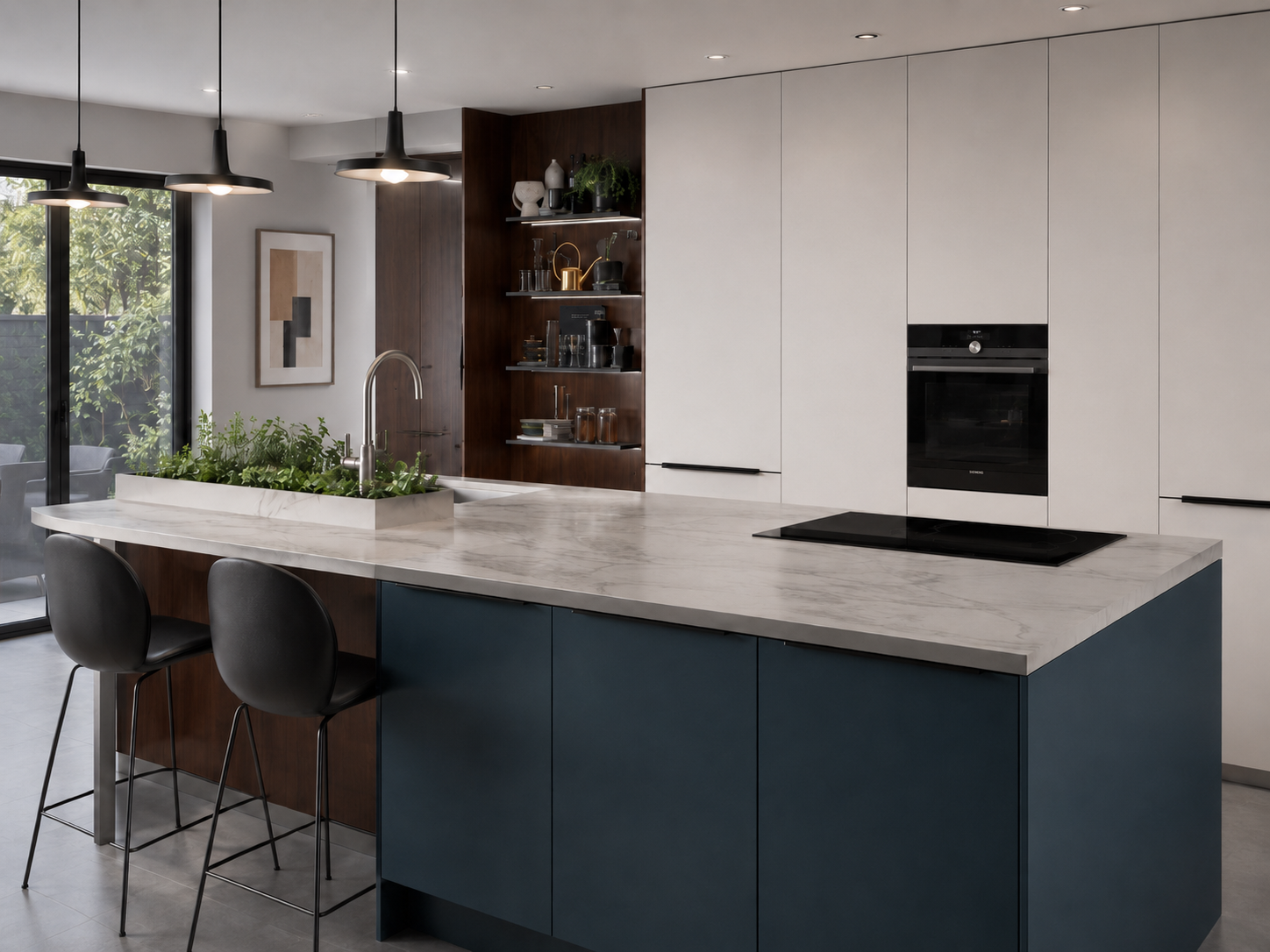 Navy island with white perimeter in a contemporary bespoke kitchen — Dominus Kitchens