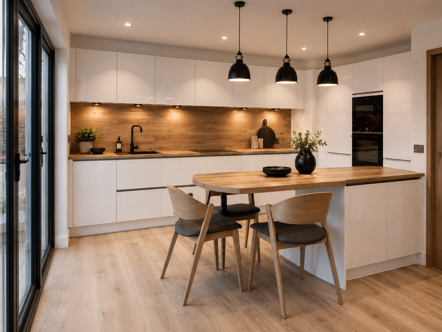 White handleless kitchen with wooden dining table and pendants — Dominus Kitchens
