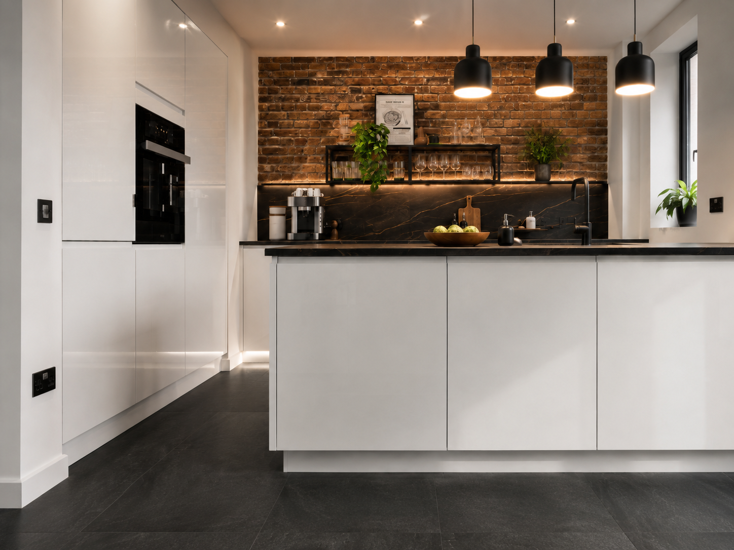 Kitchen with white handleless perimeter and exposed brick splashback — Dominus Kitchens London — Dominus Kitchens London — Chalk White — Dominus Kitchens Bespoke Kitchens London | Dominus Kitchens London