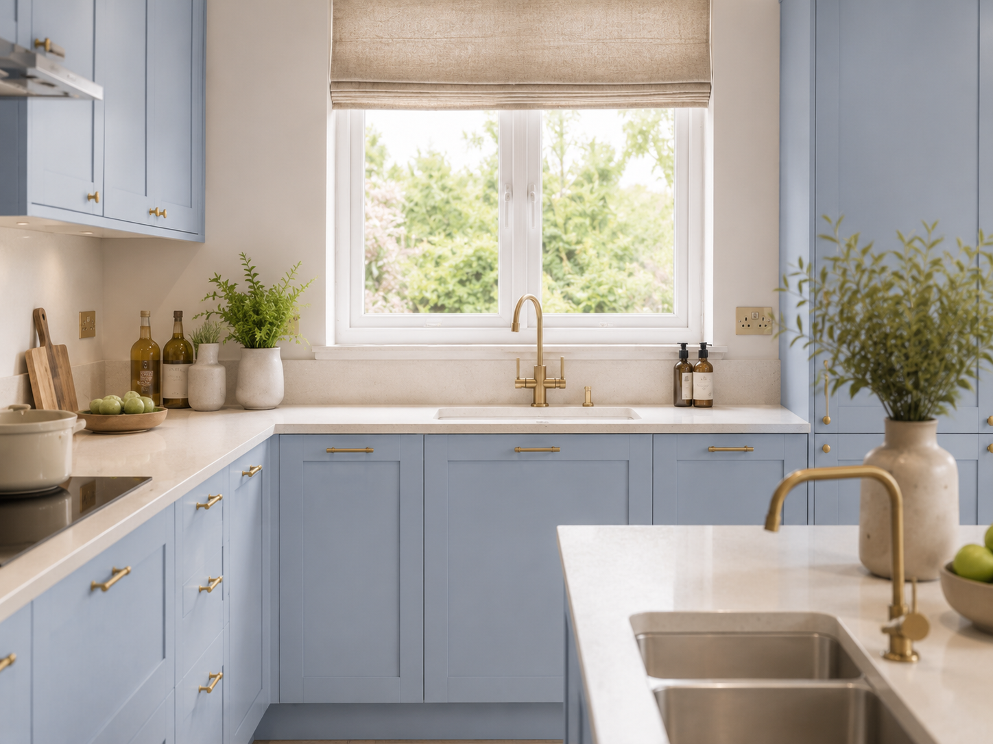 Powder blue base cabinets with brass and pale window seat — Dominus Kitchens