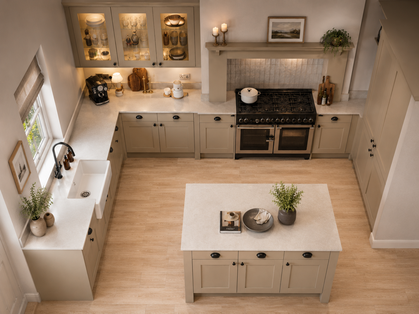 Warm putty shaker kitchen with island and range — Dominus Kitchens