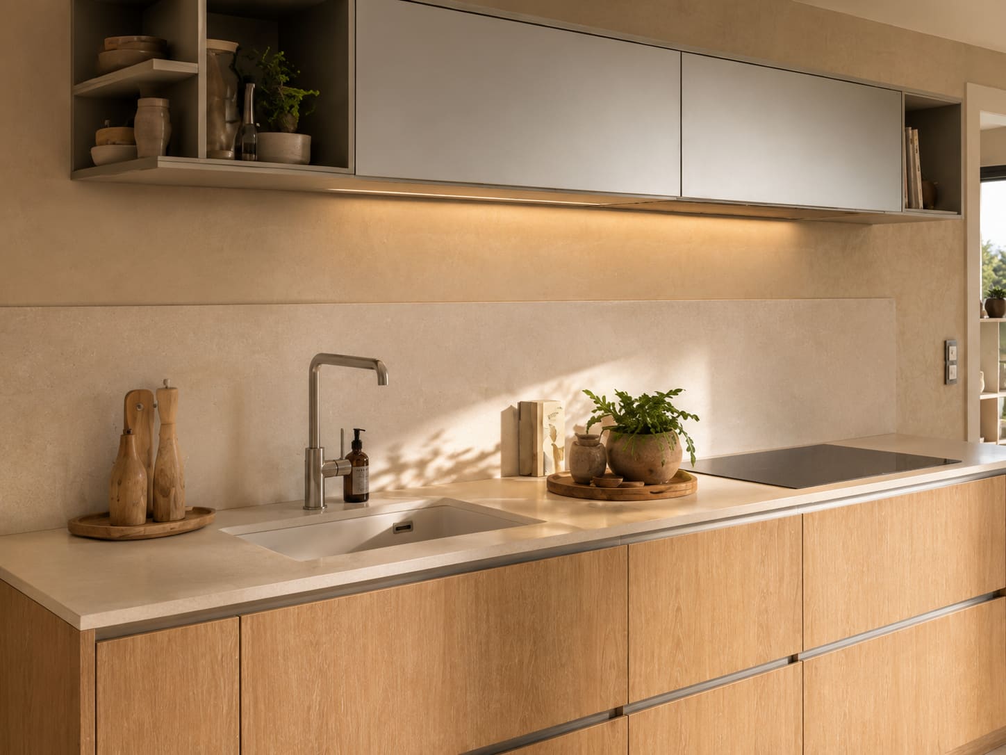 Minimal oak kitchen wall run with pale stone worktop and integrated lighting — Dominus Kitchens London — Dominus Kitchens London — Light Oak — Dominus Kitchens Bespoke Kitchens London | Dominus Kitchens London