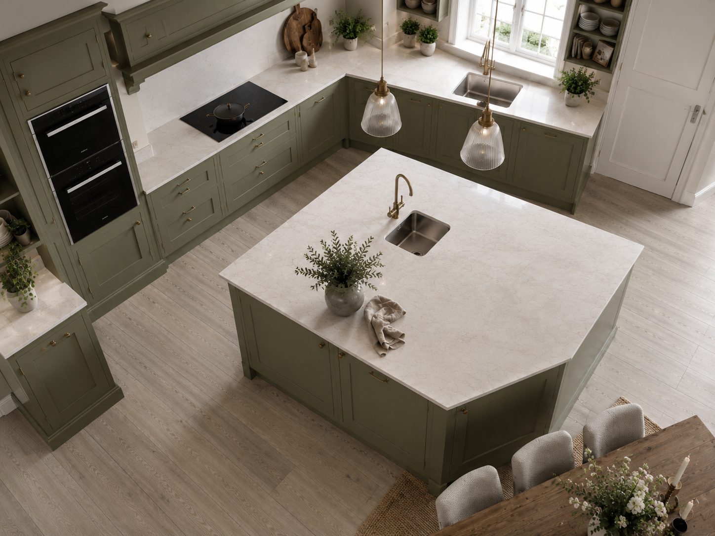 Overhead sage sculpted island bespoke kitchen — Dominus Kitchens