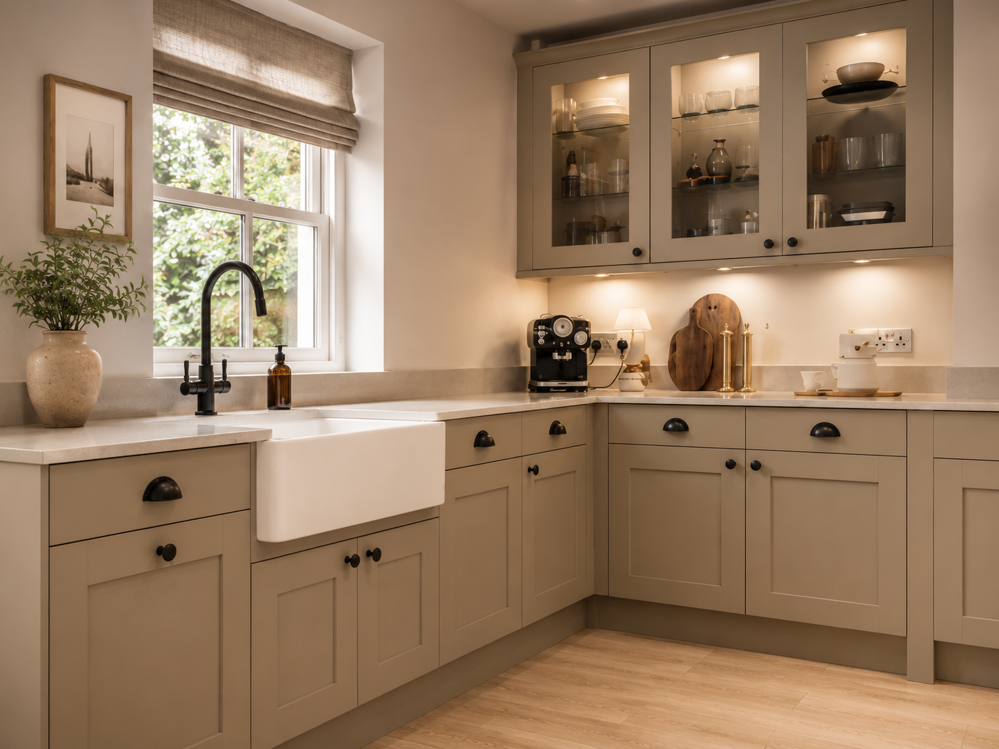Putty shaker kitchen London with Belfast sink and glazed doors — Dominus Kitchens — Putty — Dominus Kitchens Bespoke Kitchens London | Dominus Kitchens London