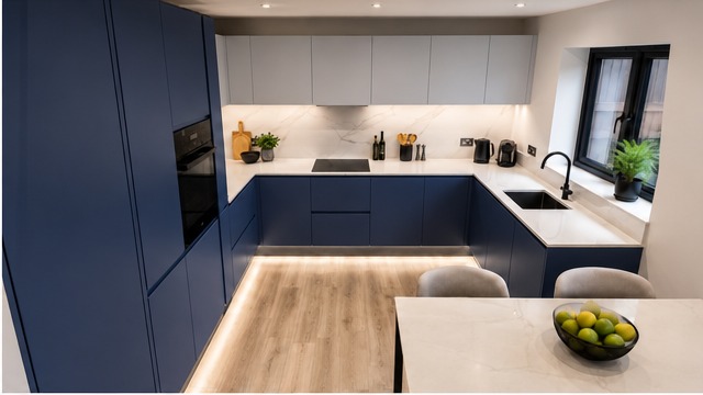 Bespoke handleless kitchen in midnight navy with marble island — Dominus Kitchens London — Midnight Navy — Dominus Kitchens Bespoke Kitchens London | Dominus Kitchens London