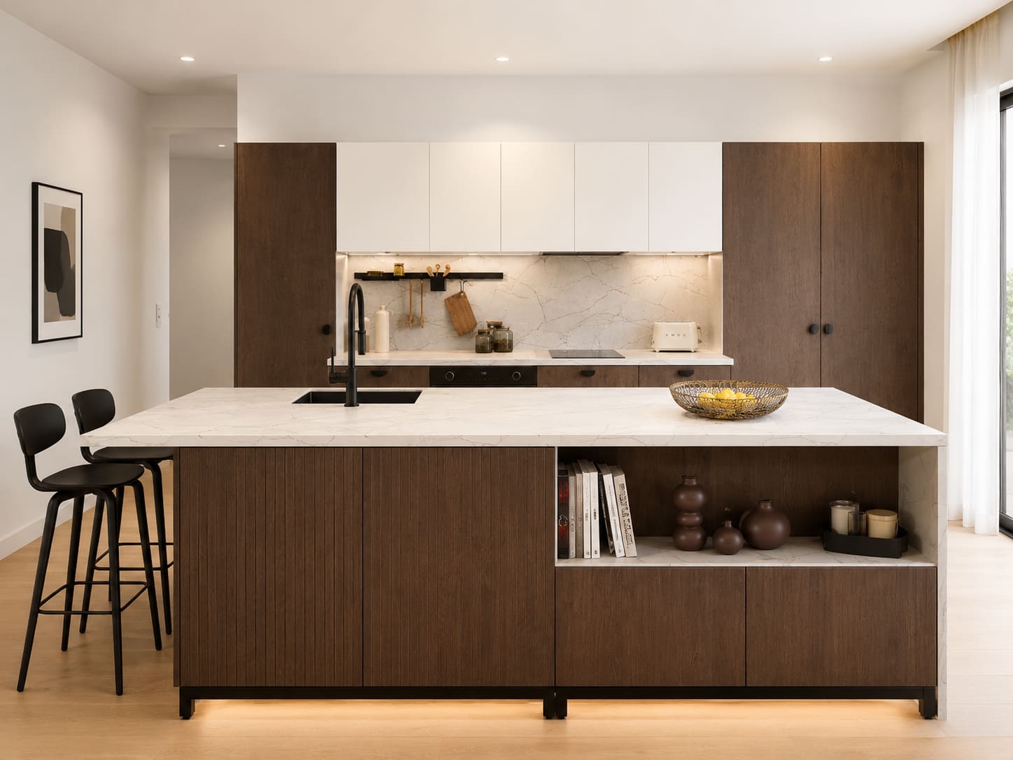 Front elevation of the same walnut and porcelain bespoke kitchen — Dominus Kitchens
