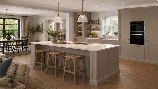 Shadow bespoke kitchen in warm taupe with marble island — Dominus Kitchens