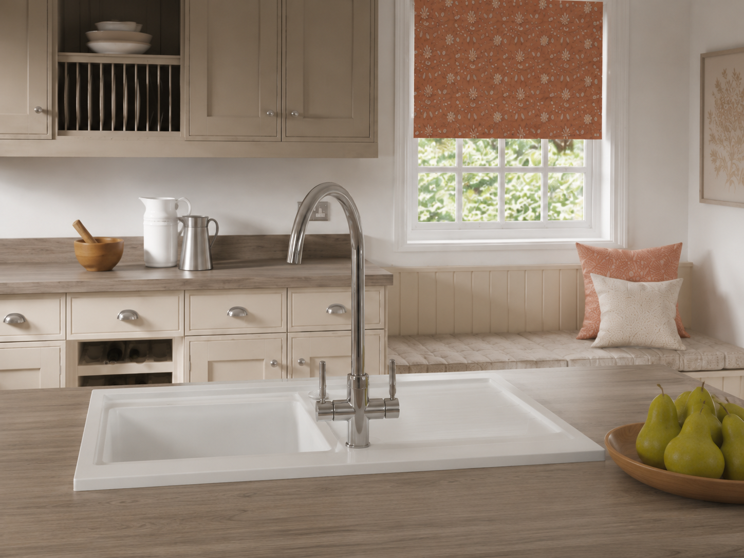 Pale bespoke kitchen with farmhouse sink and window — Dominus Kitchens
