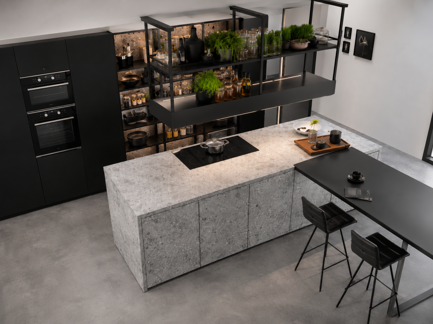Concrete-clad island with blackened steel shelving and garden view — Dominus Kitchens London — Dominus Kitchens London — Concrete — Dominus Kitchens Bespoke Kitchens London | Dominus Kitchens London