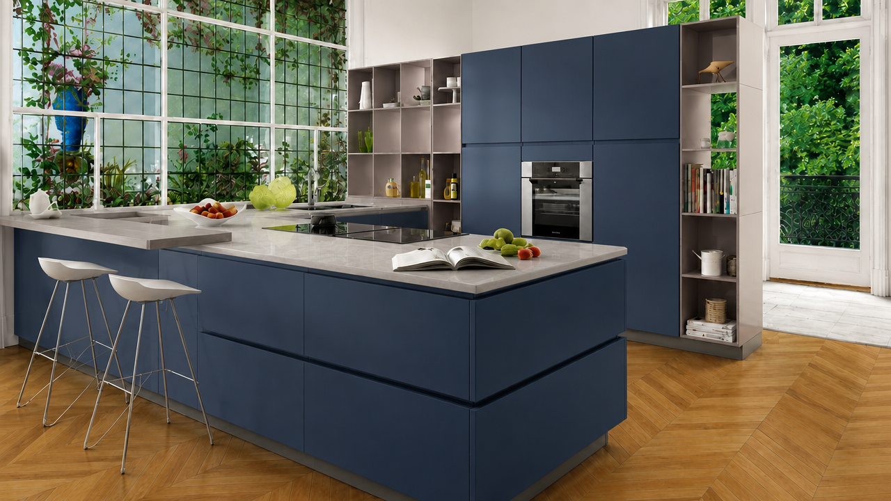 Midnight navy handleless orangery kitchen with stone worktop and garden views — Dominus Kitchens