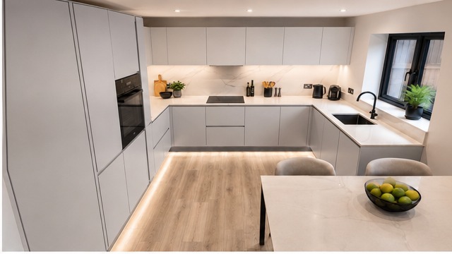 Bespoke handleless kitchen in light grey with marble island — Dominus Kitchens