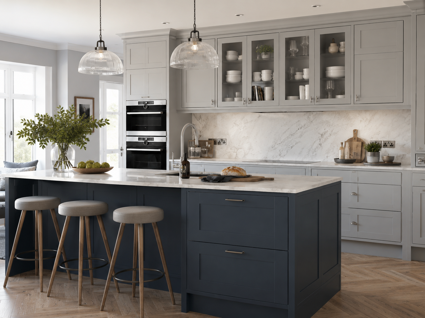Pale blue shaker island family kitchen London with brass hardware — Dominus Kitchens — Slate Blue — Dominus Kitchens Bespoke Kitchens London | Dominus Kitchens London