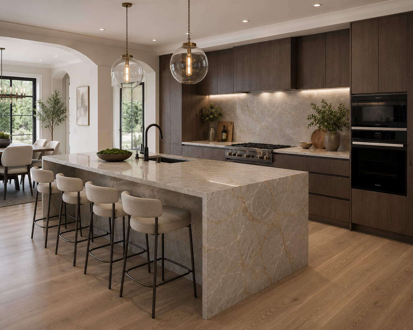 Sculptural marble island bespoke kitchen London with neutral joinery — Dominus Kitchens — Sculpted Marble — Dominus Kitchens Bespoke Kitchens London | Dominus Kitchens London