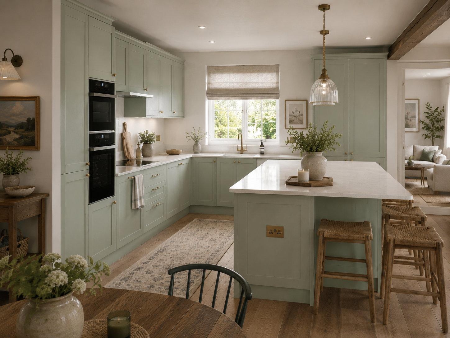 Sage shaker family kitchen London with stone worktops and open shelving — Dominus Kitchens — Sage Green — Dominus Kitchens Bespoke Kitchens London | Dominus Kitchens London