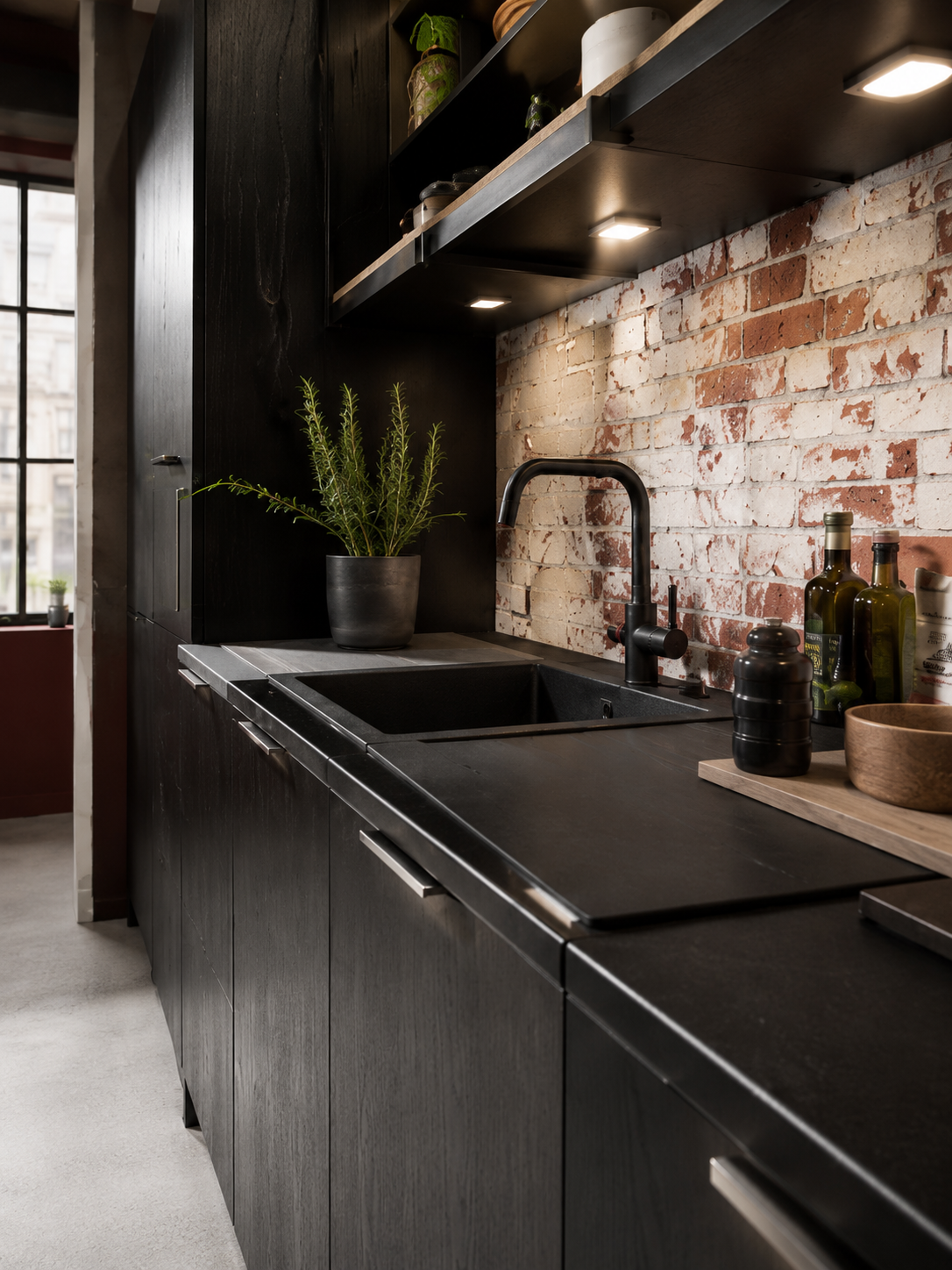 Dark bespoke kitchen with brass detail and blackened joinery — Dominus Kitchens