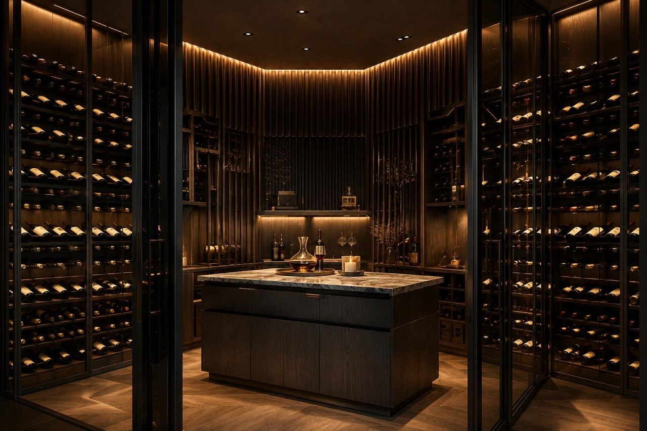 Bespoke Dominus kitchen with integrated wine storage in a London home