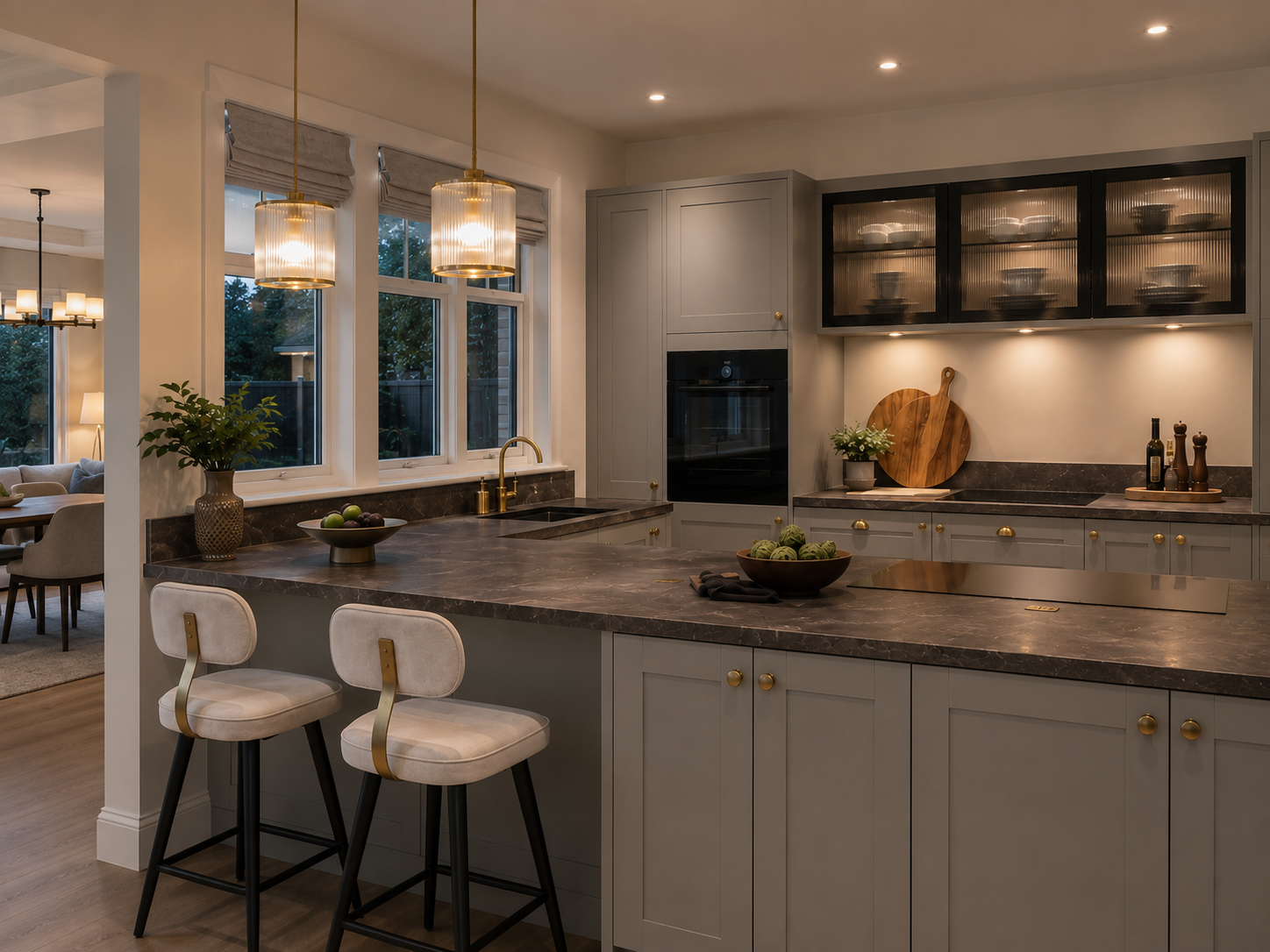Evening — Brass Pendants kitchen in Grey
