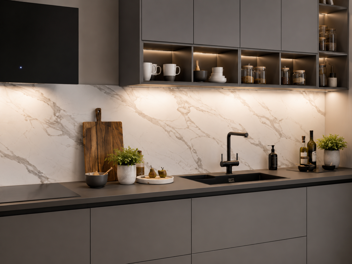 Graphite kitchen with marble splashback and warm lighting — Dominus Kitchens
