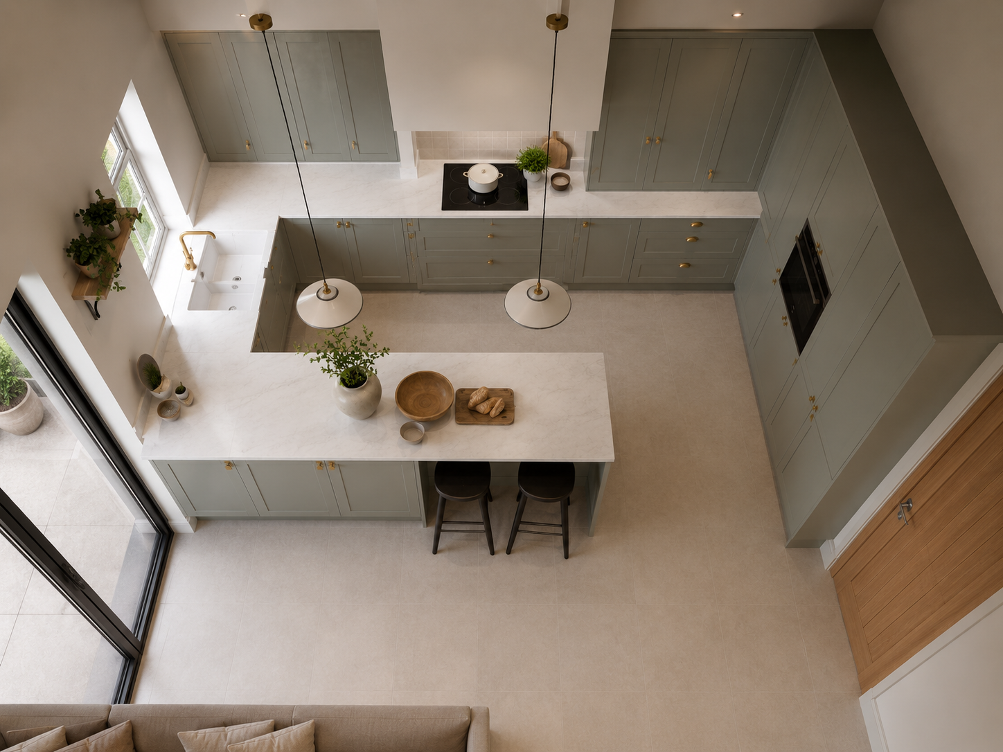 Second view of the sage sculpted island kitchen — Dominus Kitchens