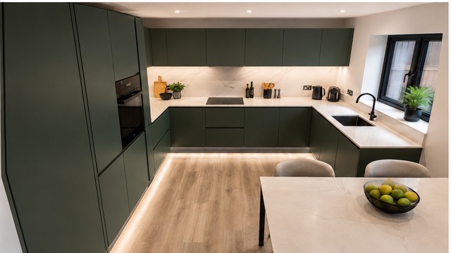 Bespoke handleless kitchen in forest green with marble island — Dominus Kitchens