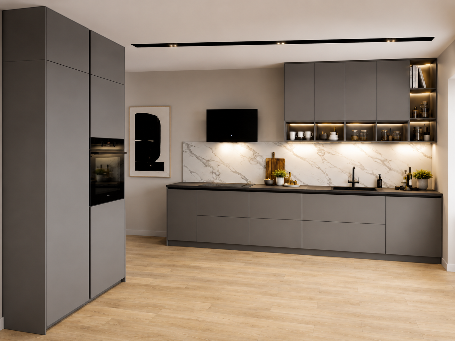 Wider graphite handleless bespoke kitchen with marble — Dominus Kitchens