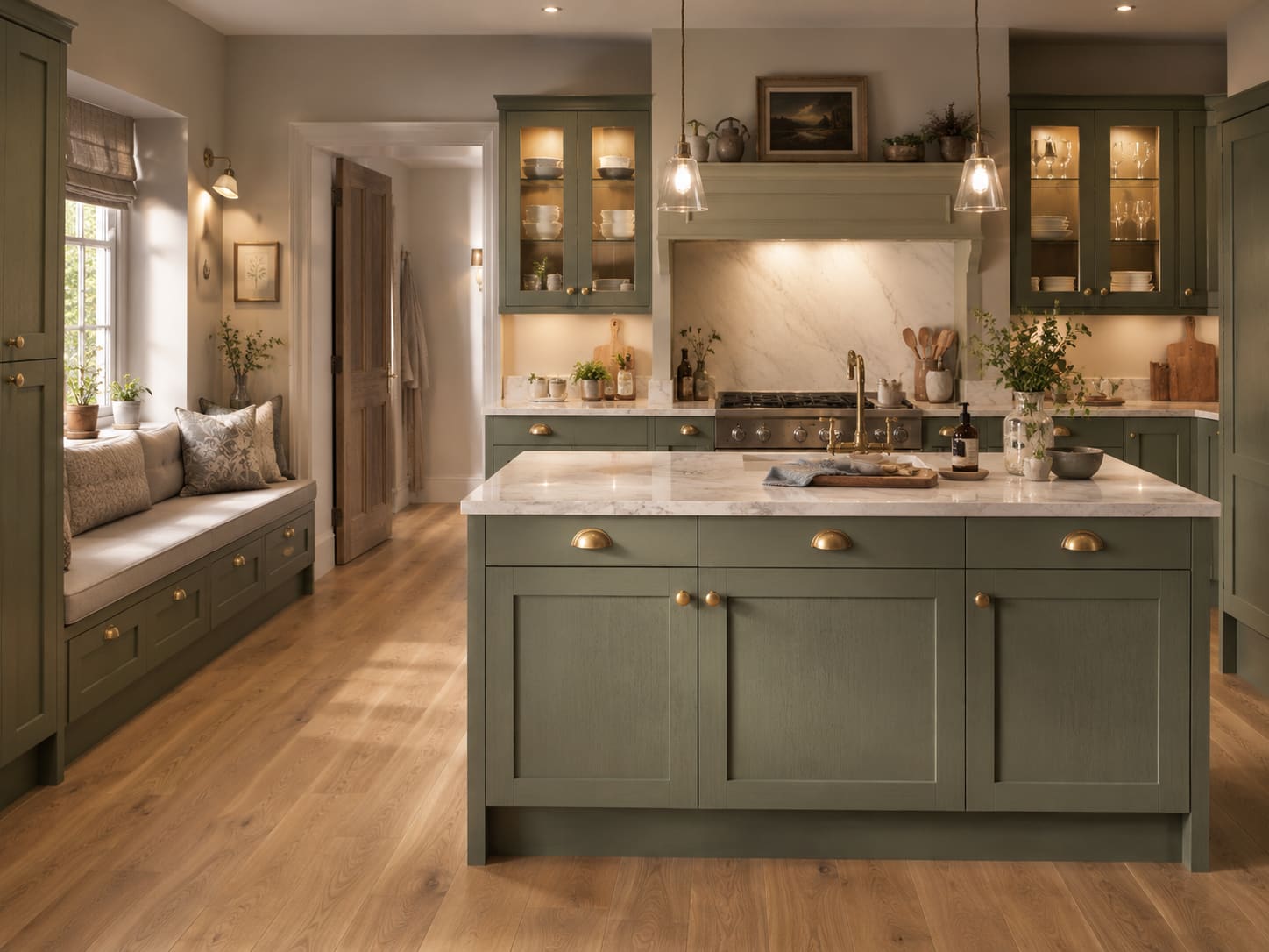 Olive green bespoke kitchen London with marble island and glazed cabinets — Dominus Kitchens