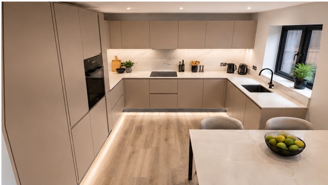 Bespoke handleless kitchen in warm taupe with marble island — Dominus Kitchens