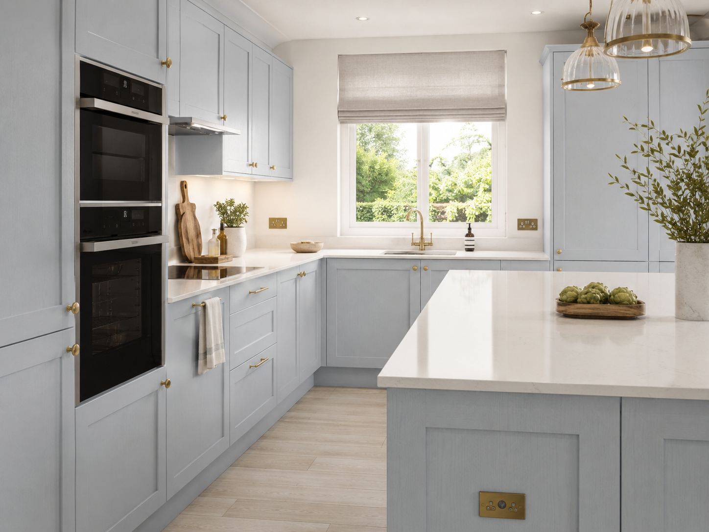 Pale blue variant of the sage shaker family kitchen — Dominus Kitchens