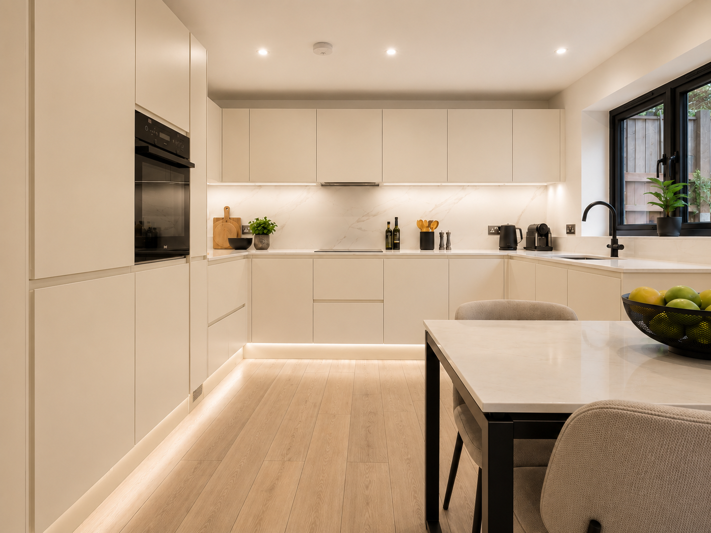 Matte navy handleless kitchen London with pale stone worktops — Dominus Kitchens — Cream — Dominus Kitchens Bespoke Kitchens London | Dominus Kitchens London