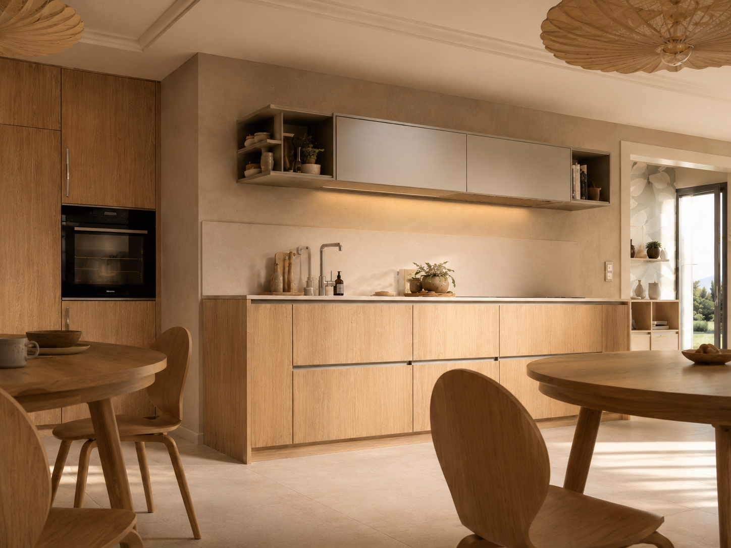 Walnut veneered kitchen with dining and warm pendants — Dominus Kitchens