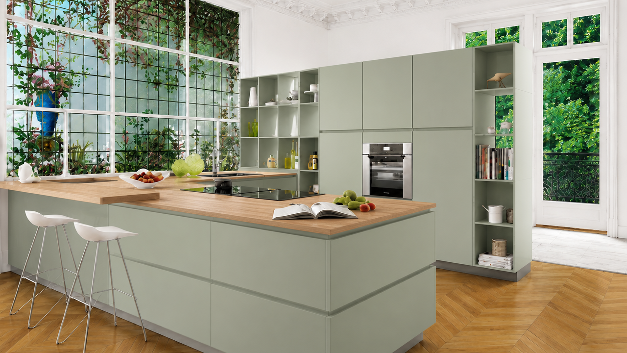 Sage green handleless orangery kitchen London with oak worktop and garden greenery beyond — Dominus Kitchens