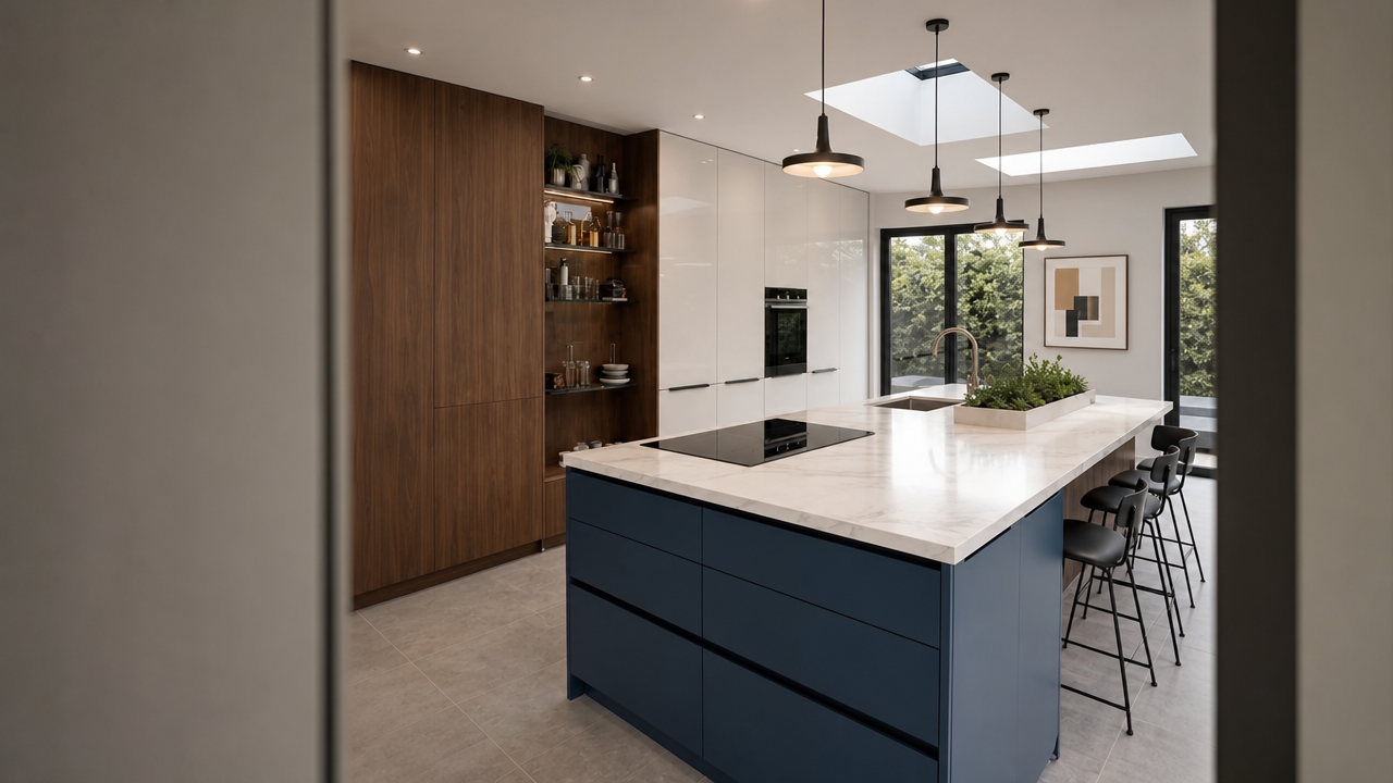 Walnut and gloss handleless bespoke kitchen London with navy marble-topped island and skylights — Dominus Kitchens — Matt Navy — Dominus Kitchens Bespoke Kitchens London | Dominus Kitchens London