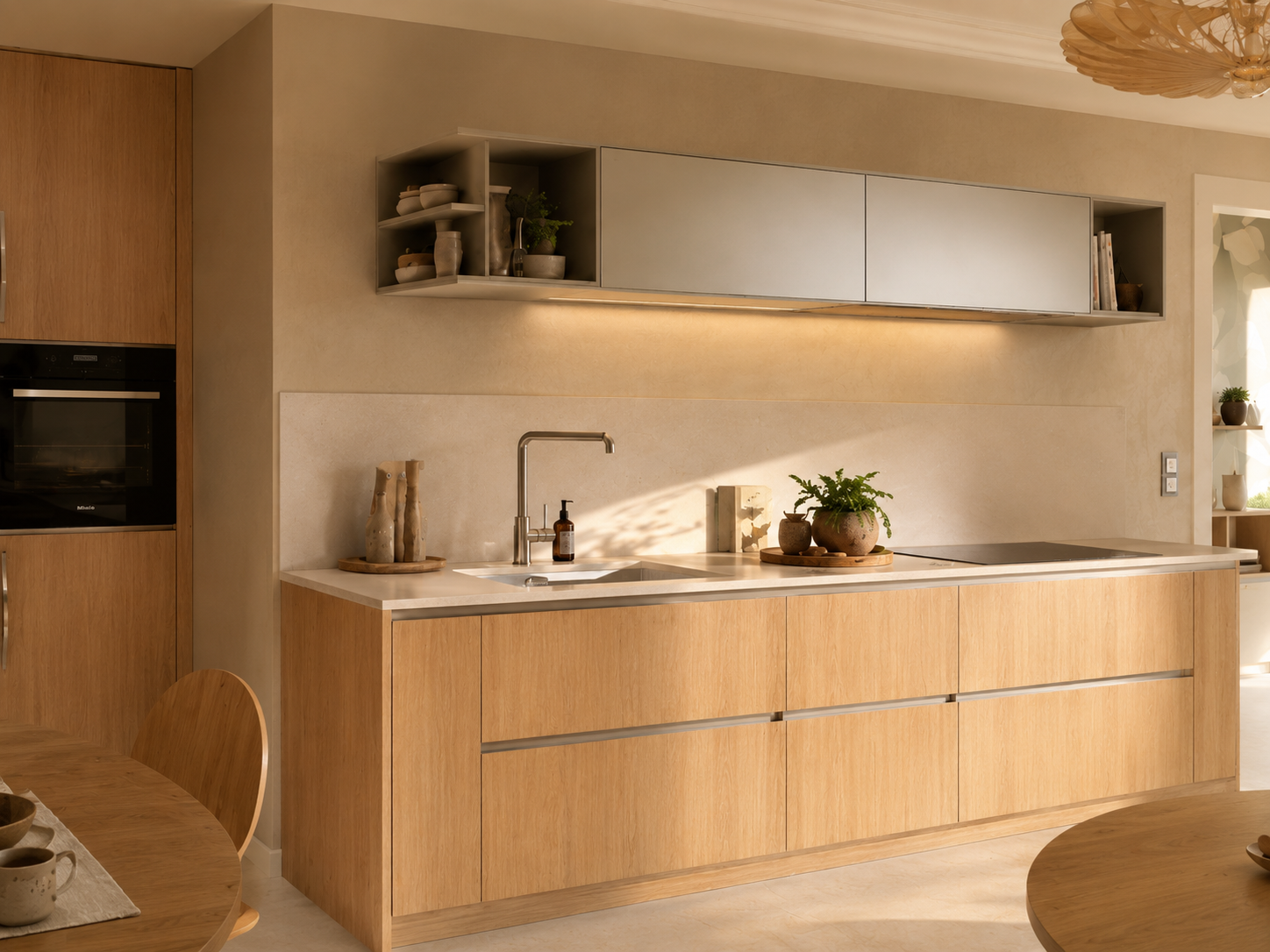 Warm oak veneer bespoke kitchen with integrated appliances — Dominus Kitchens