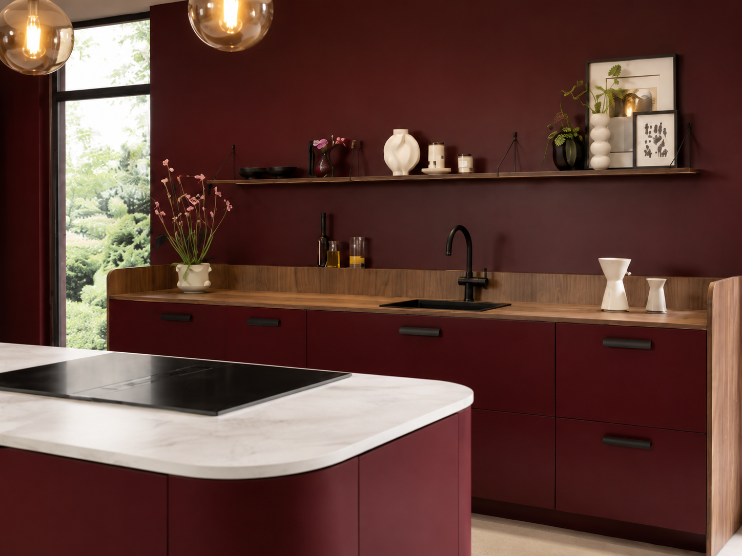 Curved burgundy bespoke kitchen with marble worktop — Dominus Kitchens