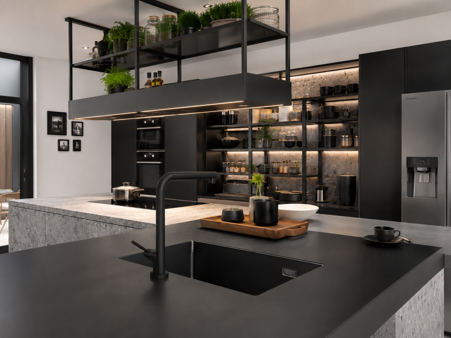 Industrial black bespoke kitchen London with overhead shelving and dark stone worktops — Blackened Steel — Dominus Kitchens Bespoke Kitchens London | Dominus Kitchens London