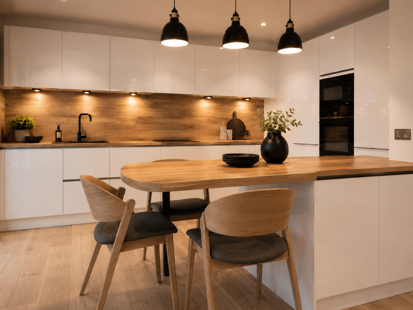 White and oak kitchen with dining table and pendants — Dominus Kitchens