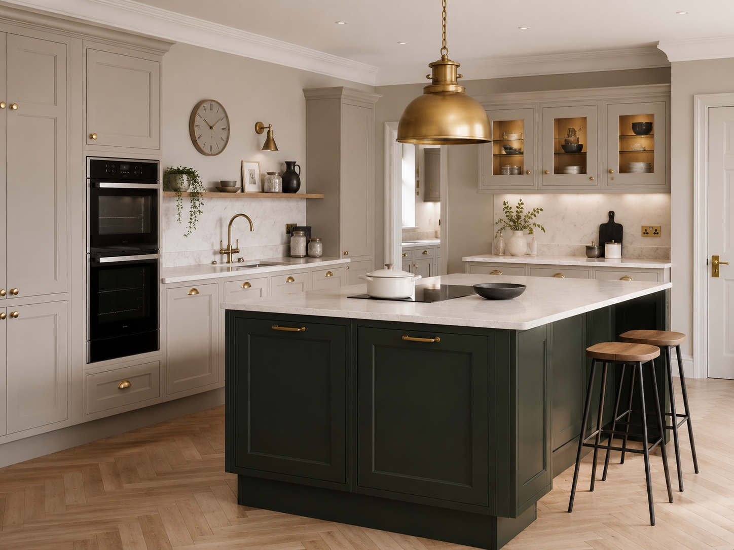 Second angle of the deep-green shaker island kitchen — Dominus Kitchens