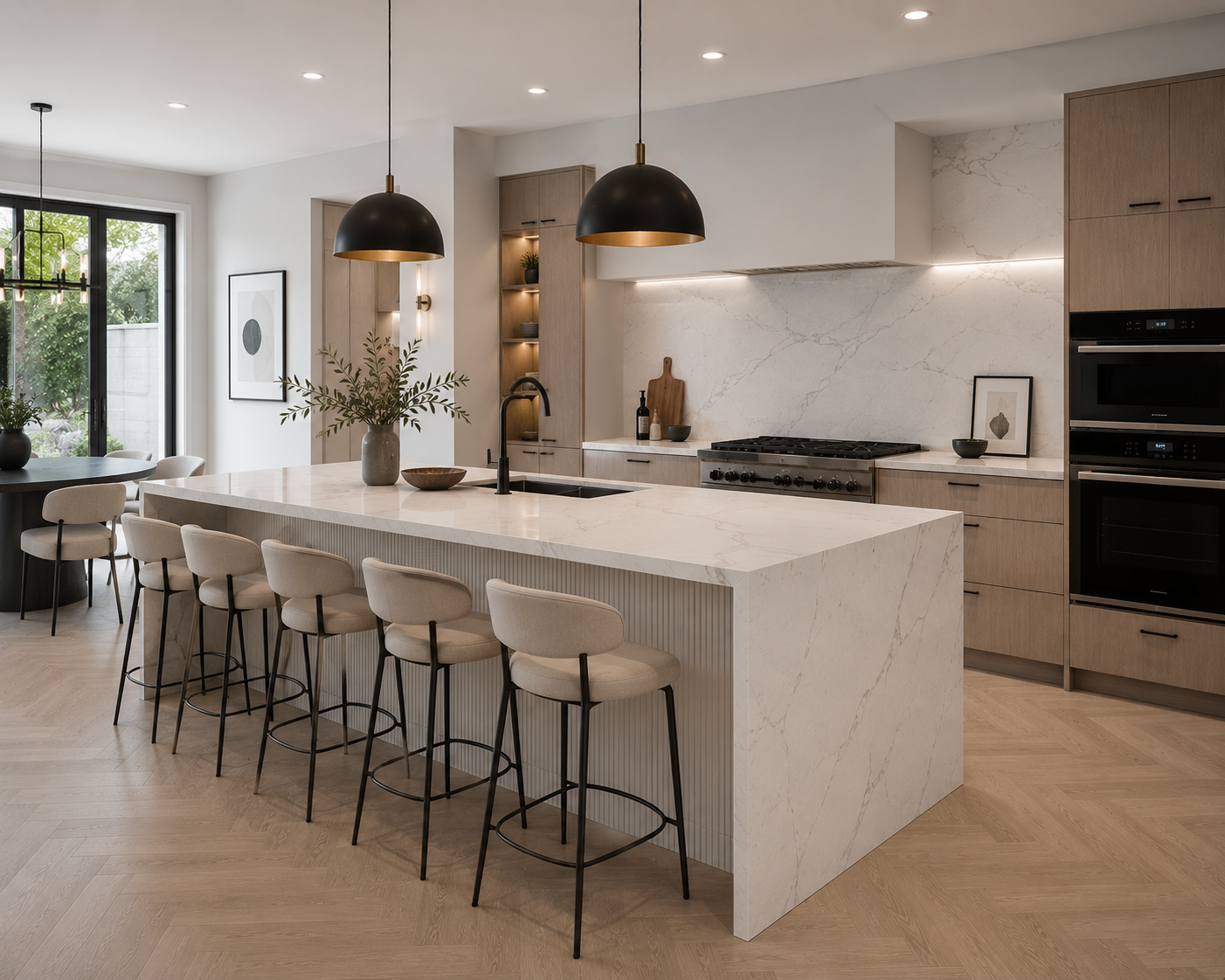 Second angle of the sculptural marble island kitchen — Dominus Kitchens
