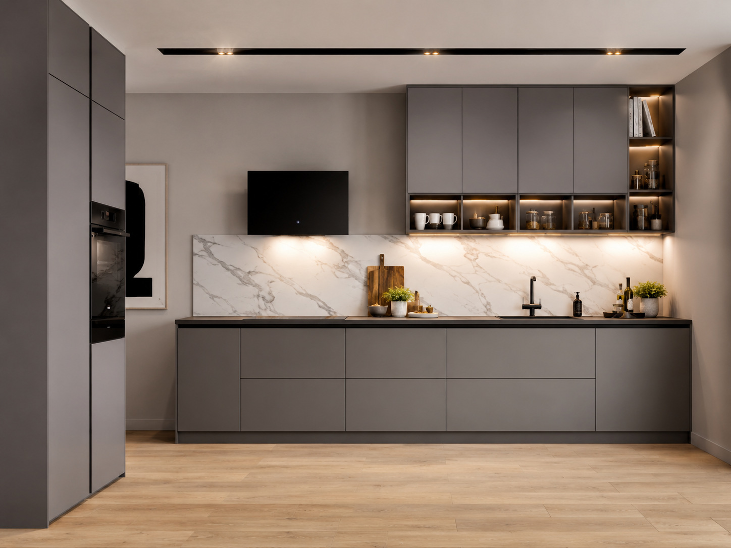 Graphite handleless kitchen London with marble splashback and warm oak floor — Dominus Kitchens
