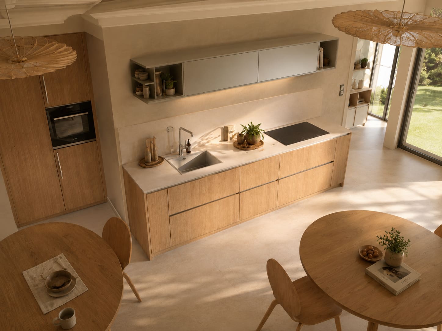 Elevated view of the same light oak bespoke kitchen in a dining space — Dominus Kitchens